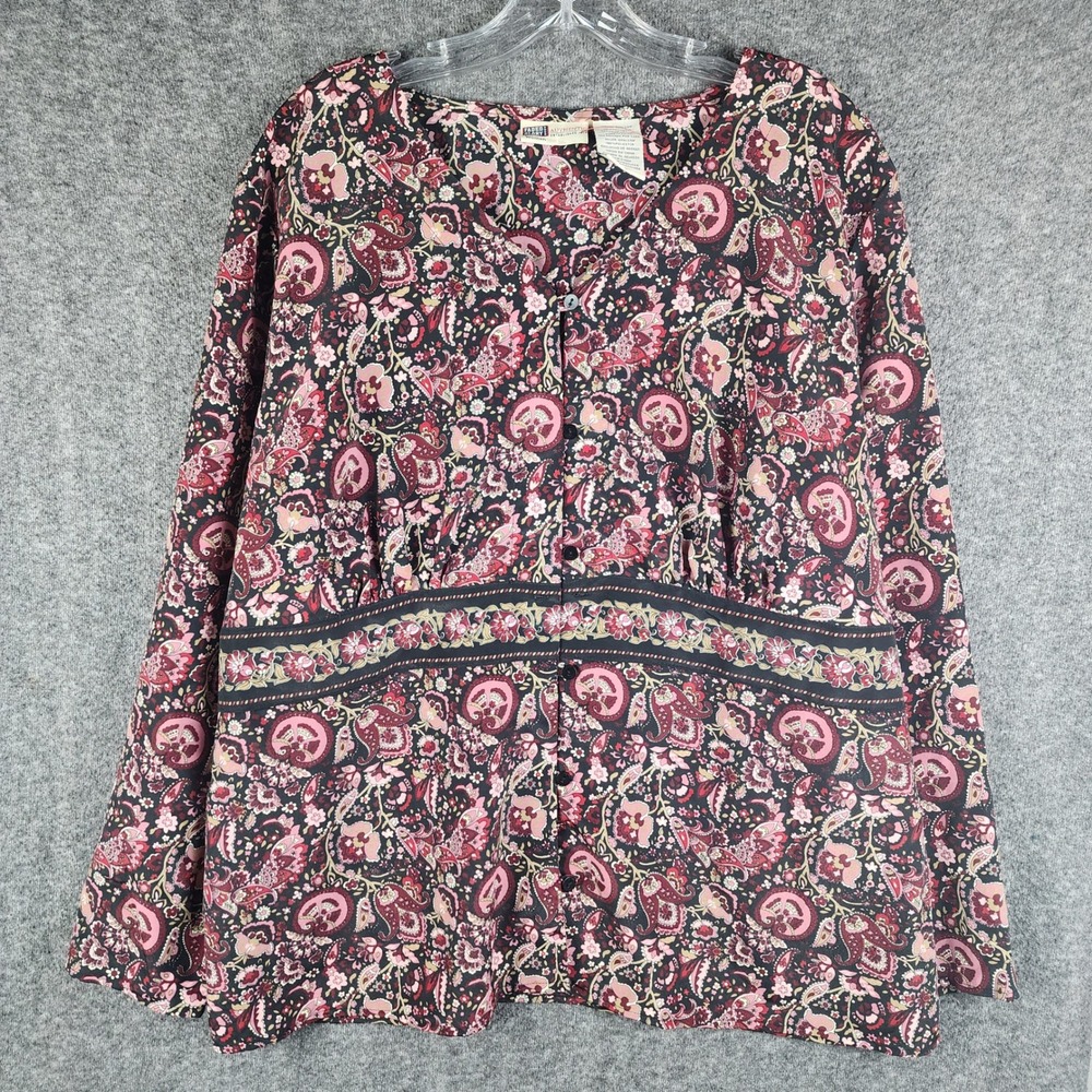 Faded Glory Blouse Womens 22W/24W Empire Waist Black Pink Paisley Button EUC